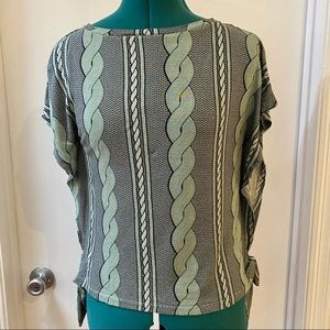 Sage green Irish sweater knit print tie boat neck blouse